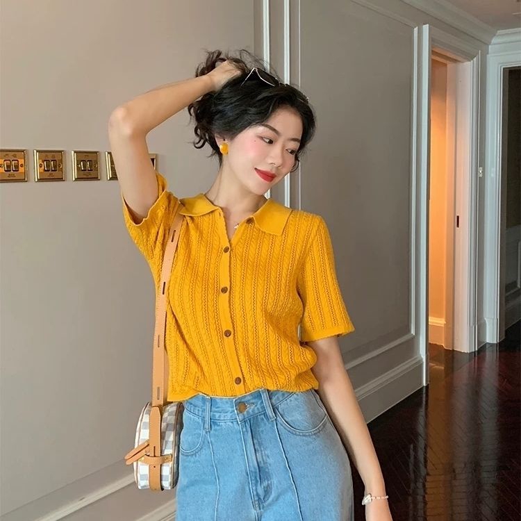 Áo Thun Polo Ngắn Tay Phong Cách Retro Hàn Quốc 2021 Cho Nữ