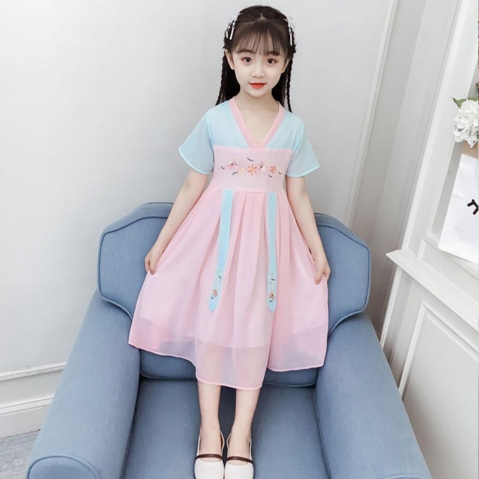 Cô gái hanfu mùa hè phong cách trung quốc váy cổ tích cô gái nhỏ váy voan cổ váy công chúa