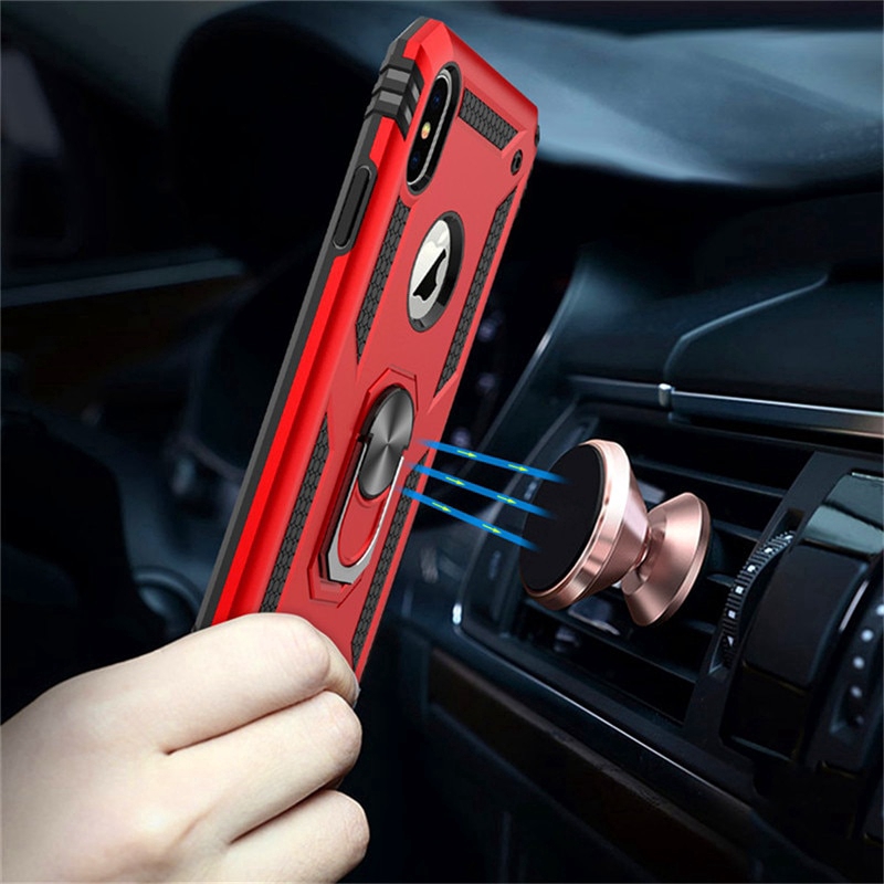Ốp điện thoại silicon chống sốc kèm móc xỏ ngón nam châm kim loại thích hợp cho iPhone 11 Pro Max Xs Max XR X 5s SE