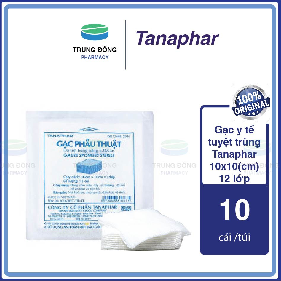 Gạc băng vết thương tiệt trùng chống nước, gạc phẫu thuật Tanaphar 10x10 - Gói nhỏ 10 miếng - Trung Đông Pharmacy