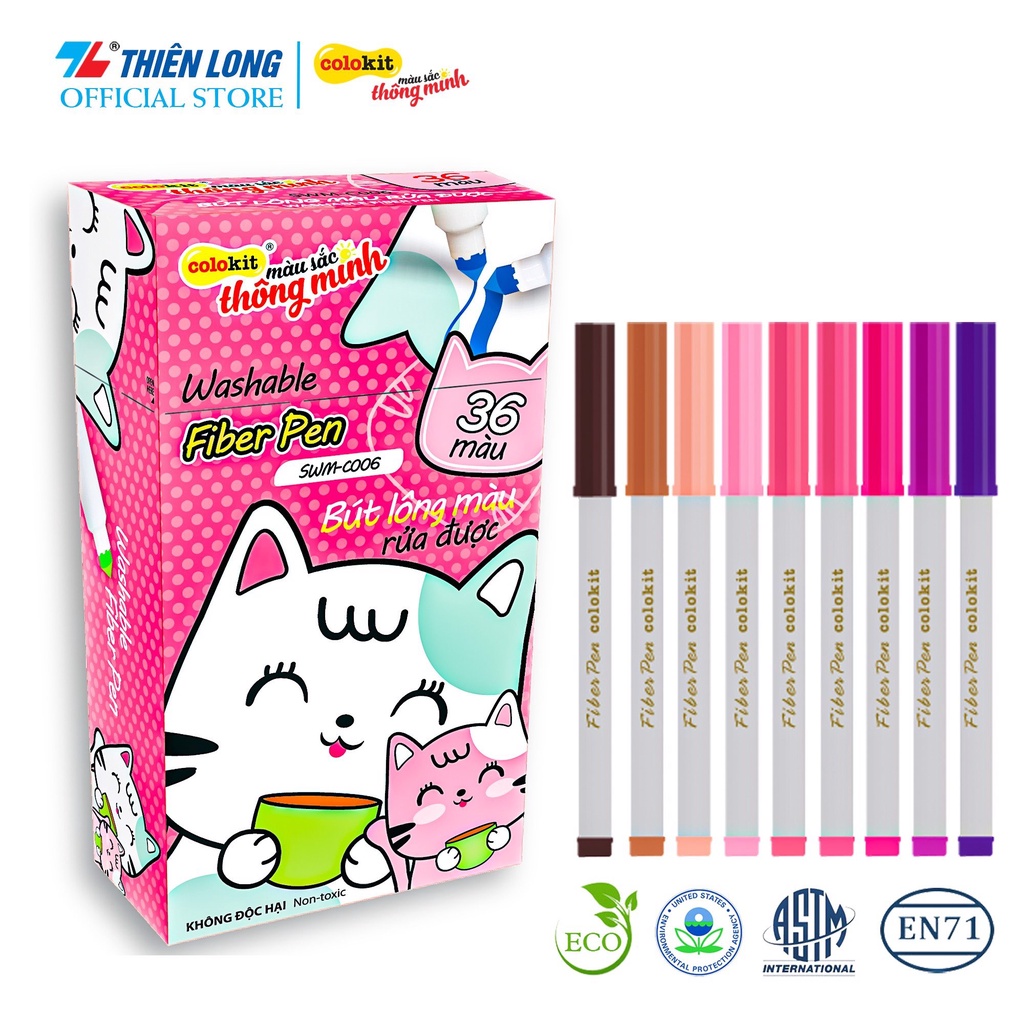 Bút lông 36 màu Pastel Washable Fiber Pen Thiên Long Colokit SWM-C006 - Bút lông màu rửa được - Quế Anh