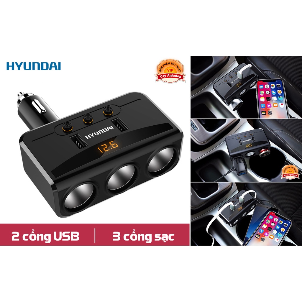 Bộ chia tẩu sạc oto xe hơi cao cấp hàng hiệu HYUNDAI (2 cổng USB, 3 cổng sạc) AHY29