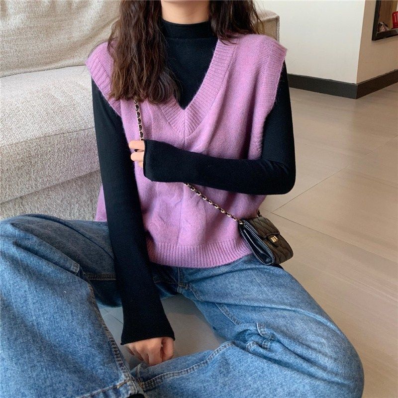 Áo gile nữ dệt kim rộng rãi cổ V không tay Hàn Quốc
