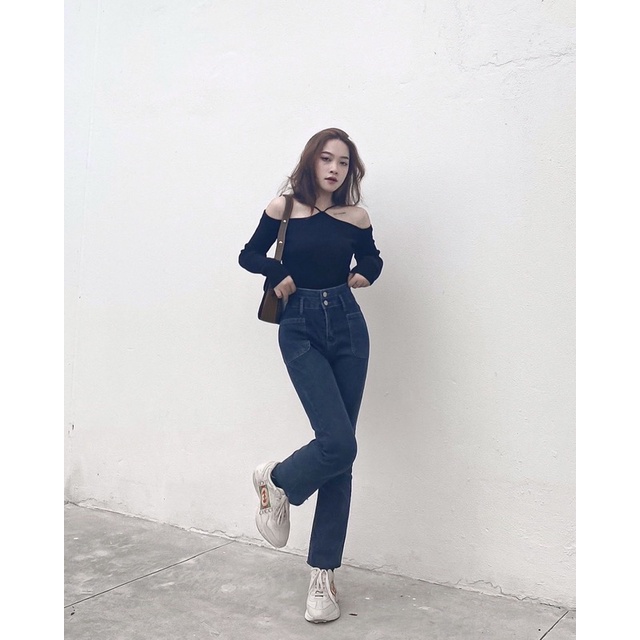 Quần Kiara Jeans Ống Đứng Cạp Cao Co Dãn