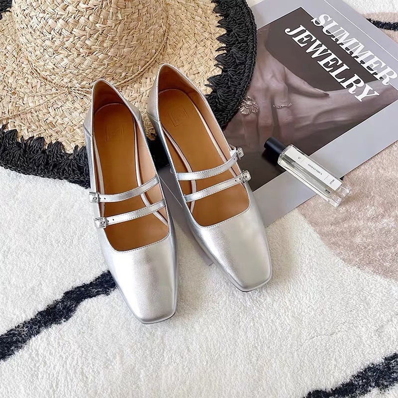 Giày Cao Gót Mũi Vuông Bằng Da Thật Phối Khóa Gài Màu Bạc Thời Trang Sang Trọng Cho Nữ