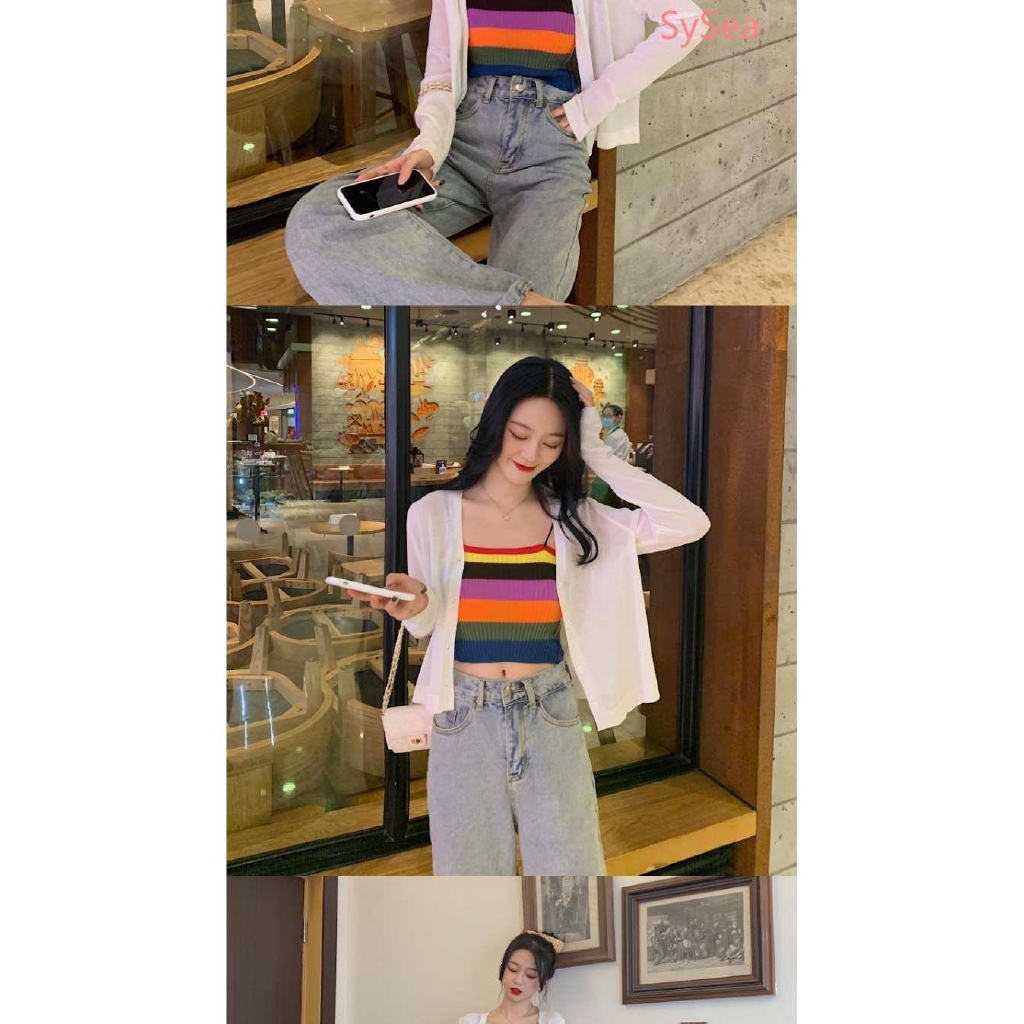 Women Knitted Rainbow Stripe Camisole Fashion Tank Top +cardigan Set