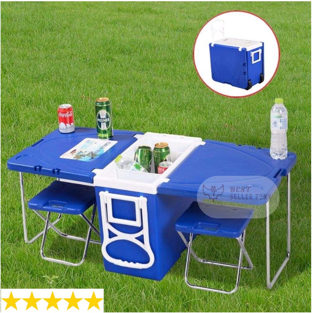 Bộ bàn ghế ngoài trời tích hợp thùng đựng đá PP - Thùng ướp đá dã ngoại ⚡Table Chair Set-Blue-28L Cooler Box⚡