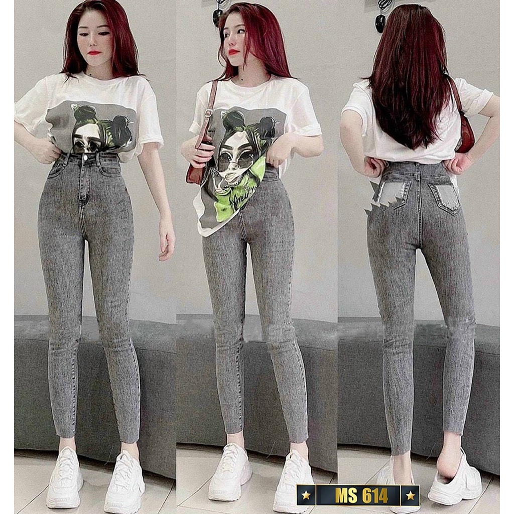 Quần jeans nữ lưng cao màu xám túi kiểu sau , quần lưng cao nữ , quần jeans cao cấp hàng chuẩn shop T-Fashion Shop qn614