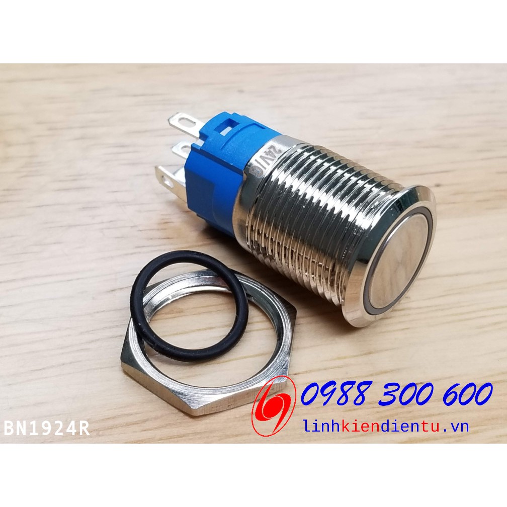 Nút nhấn nhả vỏ kim loại phi 16mm, điện áp 24V, chống thấm nước, đèn hình tròn BN1624R, BN1624G, BN1624B, BN1624Y