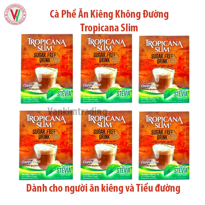 Combo 6 hộp cà phê ăn kiêng không đường chiết xuất từ lá cỏ ngọt Tropicana Slim Capuccino 96g (8 x 12g)