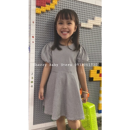 Đầm tay phồng kẻ Zik Zak vải cotton xuất dư xịn cho bé gái từ 1,5y đến 10y