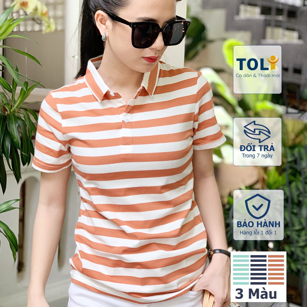 Áo thun nữ Polo cổ sơ mi TOLI, chất cotton 4 chiều mềm mịn, co dãn Sọc ngang 2cm màu ngói thời trang | BigBuy360 - bigbuy360.vn