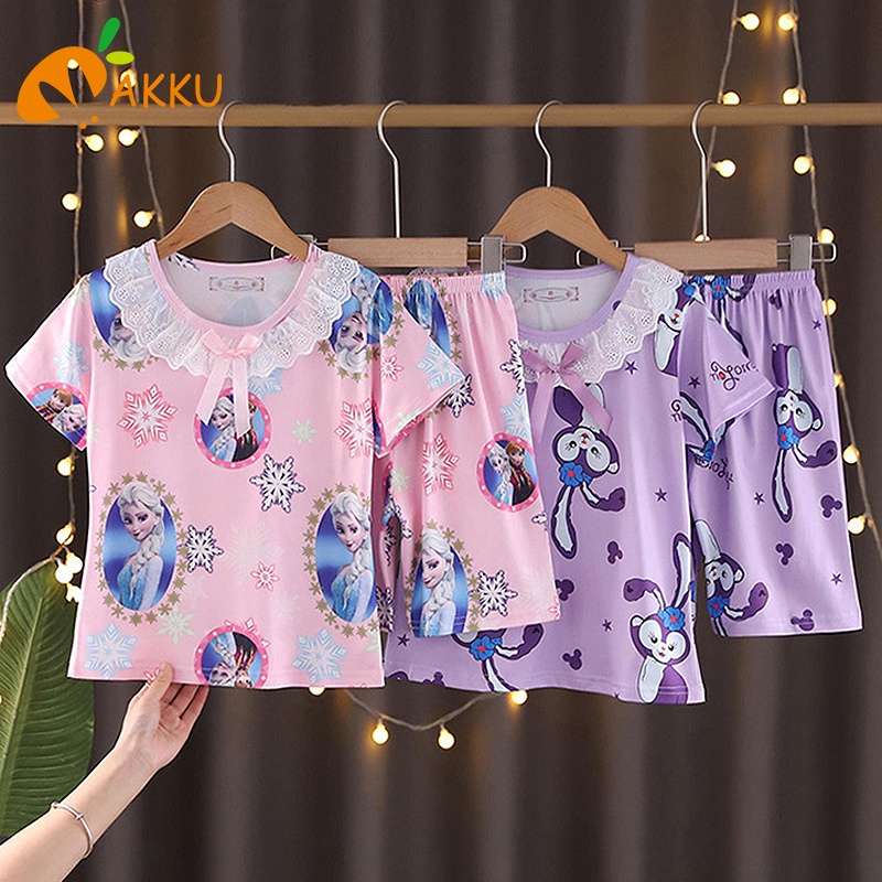 Bộ Đồ Ngủ Mặc Nhà Tay Ngắn Vải Mỏng Thiết Kế Dễ Thương Cho Bé Gái