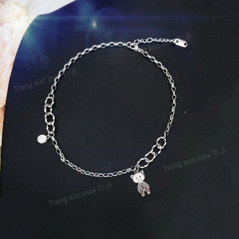 LẮC CHÂN NỮ INOX GẮN CHARM ĐÁ VÀ GẤU DẸP KHÔNG ĐEN