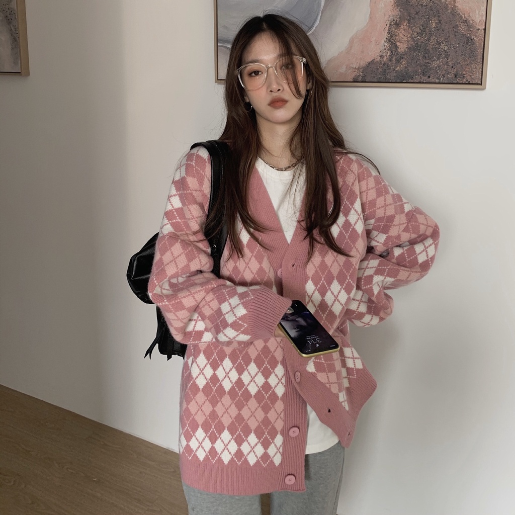 Áo khoác len cardigan kim cương form dài rộng cổ tim Hàn Quốc P780
