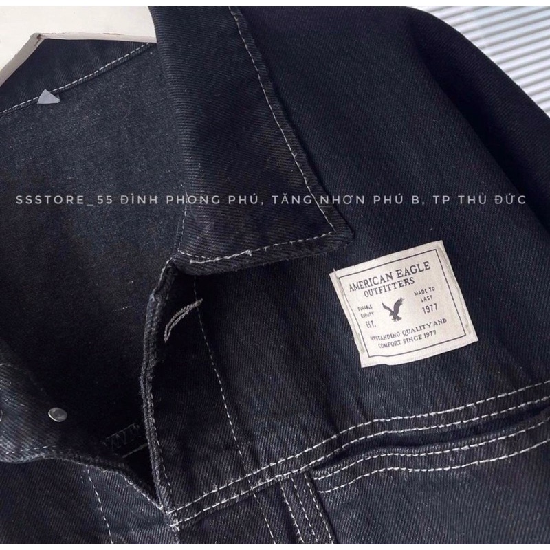 [Ảnh thật/Video]Áo khoác bò đen viền chỉ thiết kế tag da loại 1 Áo bò khoác ngoài hàng Quảng Châu