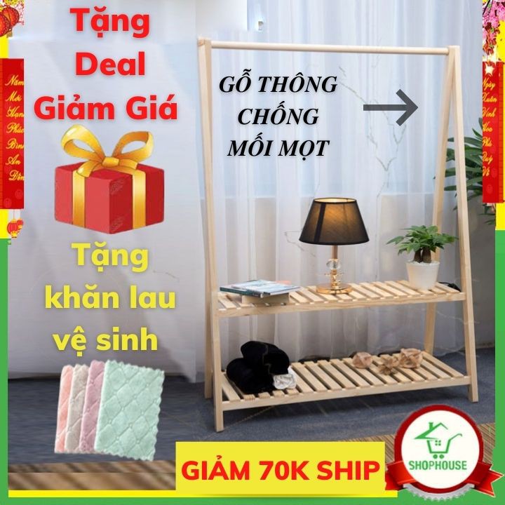 Kệ treo quần áo chữ A 2 tầng gỗ thông Giá treo quần áo Hàn Quốc màu gỗ sáng bóng-(C*D*R = 150*84*36)