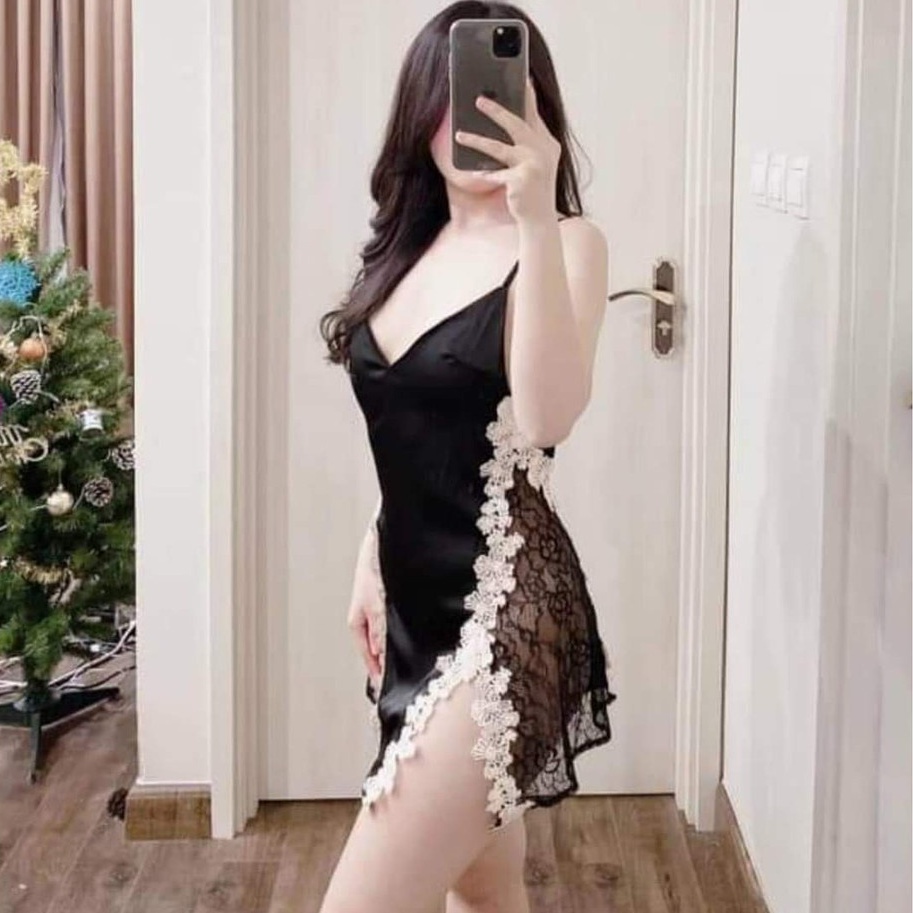 Váy Ngủ 2 Dây Xẻ Đùi Viền Hoa Xinh Xắn PX01 Kèm Quần Chíp Xinh