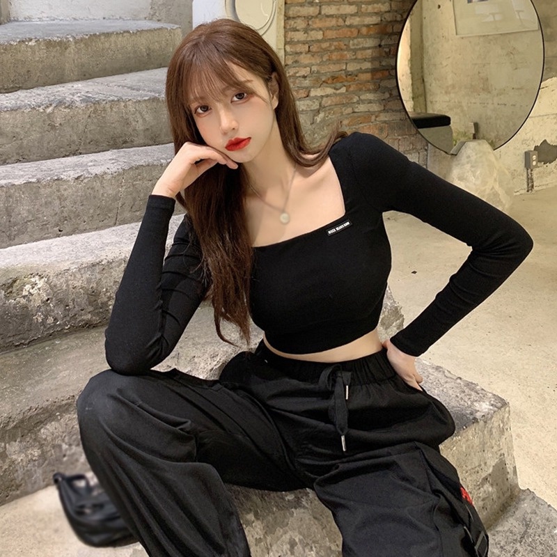 Áo Croptop Tay Dài Cổ Vuông Màu Sắc Đơn Giản Phong Cách Hàn Quốc Cho Nữ