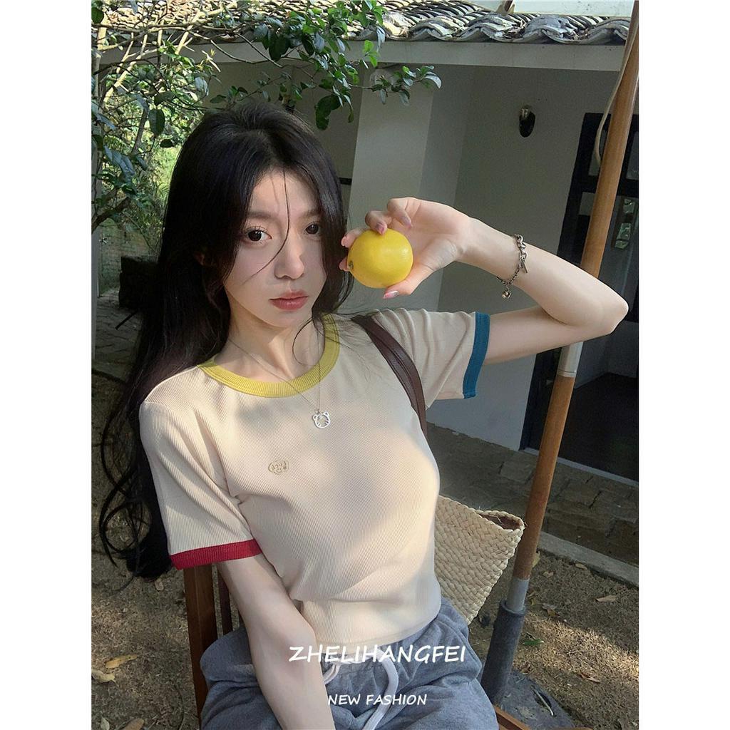 ZHELIHANGFEI Áo Thun Cotton Tay Ngắn Hở Vai Màu Sắc Tương Phản Thời Trang Dành Cho Nữ