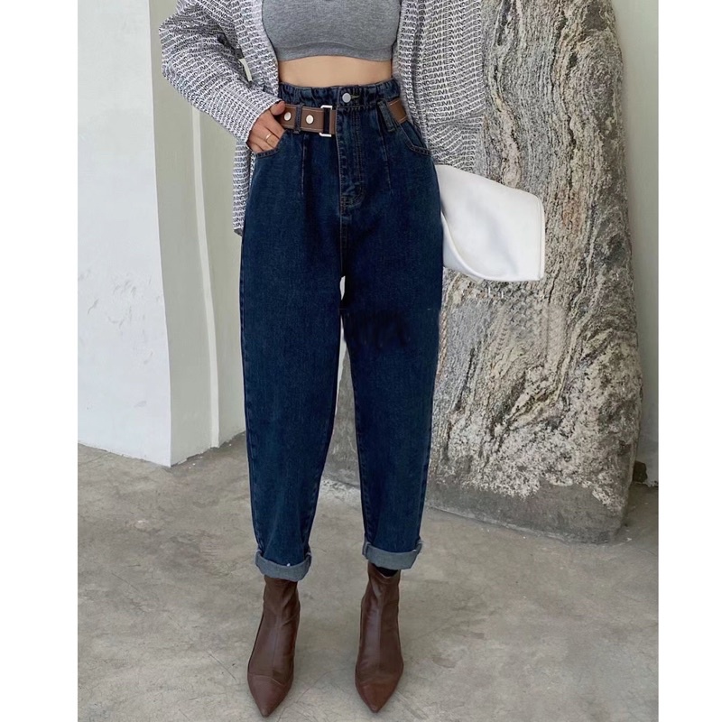 Quần Bò Baggy Trơn  Kèm Thắt Lưng Da Siêu Đẹp