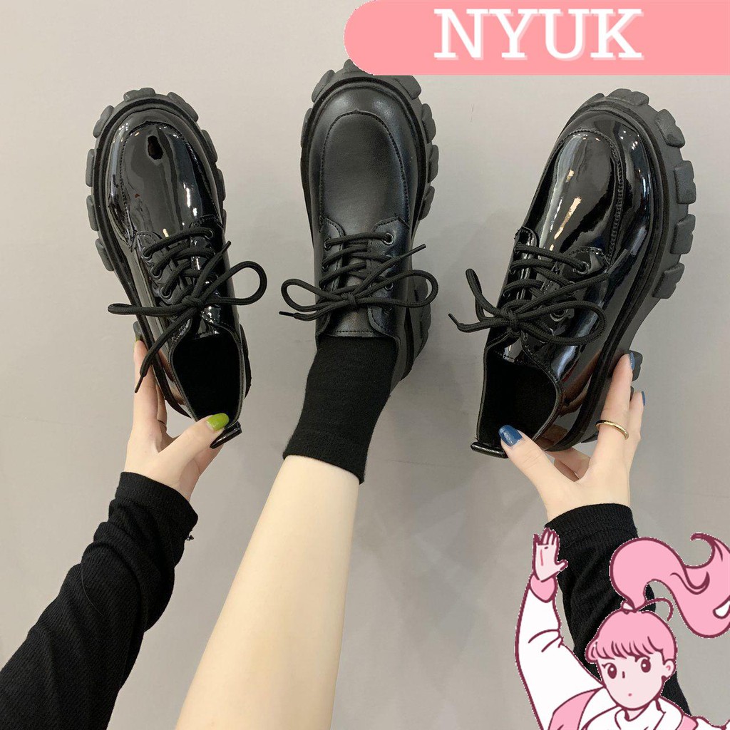 【24H Delivery】NYUK Platform shoes British style black casual lace-up