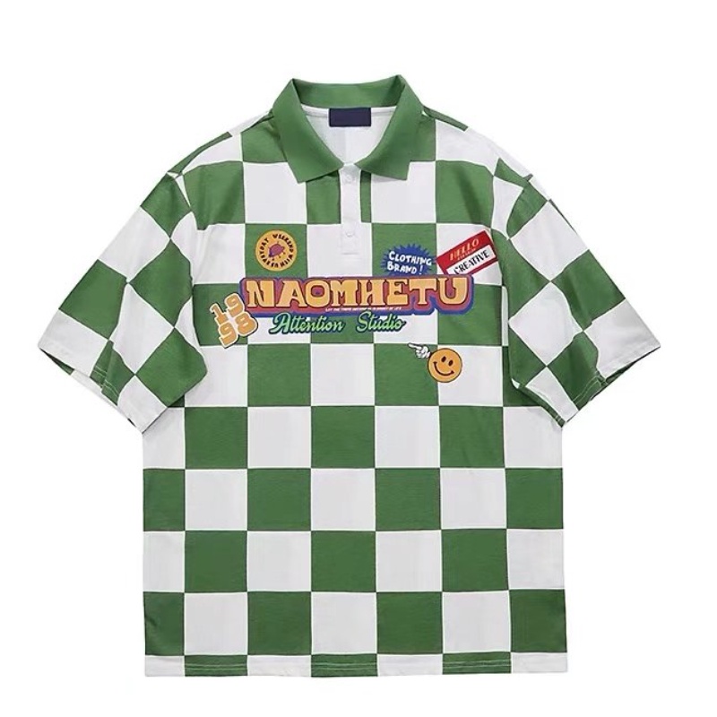 Áo polo Tay Ngắn Dáng Rộng Thêu Họa Tiết Bàn Cờ Mỹ Thời Trang Mùa Hè Cho Nam Size M-2XL