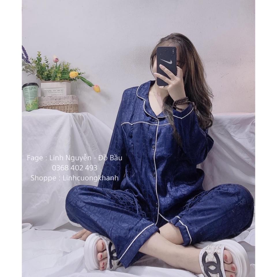 Bộ Pijama Bầu Lụa Gấm Có Cổ, Bộ Bầu Và Sau Sinh 2 Chức Năng Kết Hợp Cho Con Bú Dài Tay HT4619 Honey Mommy
