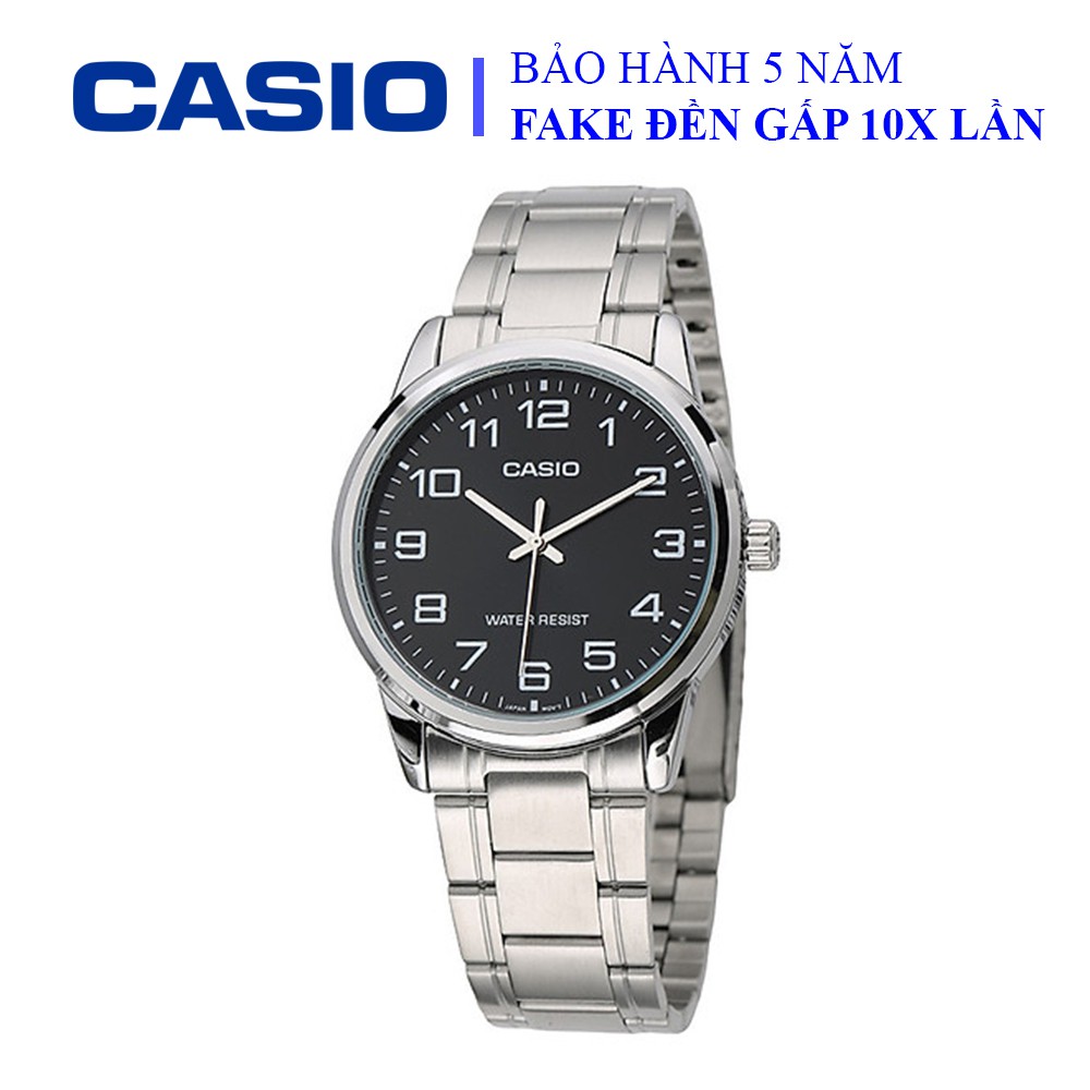 Đồng hồ Casio nam dây sắt thể thao, mặt đen viền bạc sang trọng, chống nước WR30M đi bơi (MTP-V001D-1BUDF)