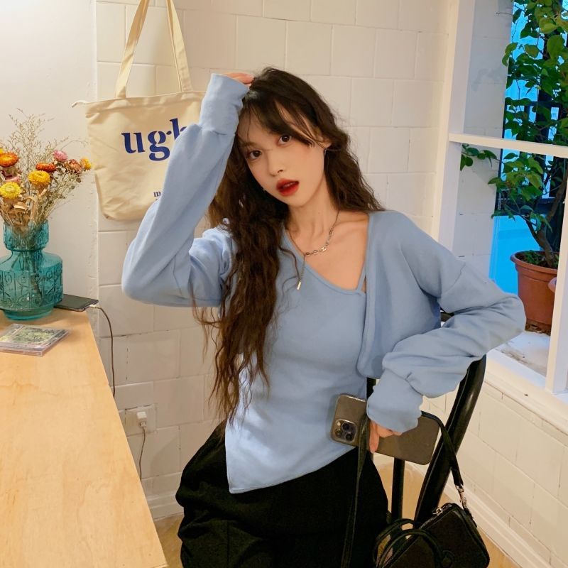 Bộ Áo Khoác + Áo Hai Dây Màu Sắc Trơn Quyến Rũ Thời Trang Mùa Thu