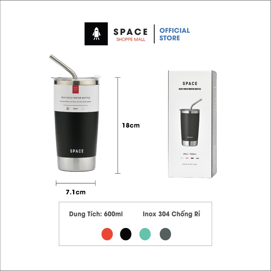 Ly Giữ Nhiệt Space Q11  Hàng Chính Hãng, Dung Tích 600ml, Giữ Nhiệt 15 - 20h, Inox 304, Nắp Chống Tràn, Tặng Kèm Ống Hút