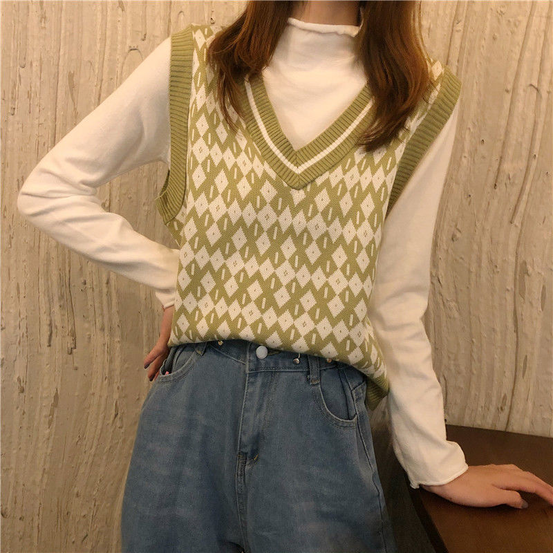 Áo gile cổ V không tay dáng rộng chất dệt kim thời trang Hàn Quốc retro cho nữ