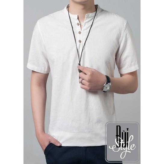 ÁO ĐŨI (LINEN) CỘC TAY - CỔ TÀU 3 CÚC (TRẮNG)
