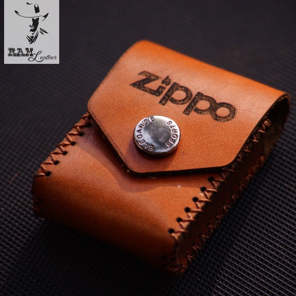 Bao da Zippo Da Bò Thật Màu Nâu Đỏ Trơn - Chính Hãng Ram Leather
