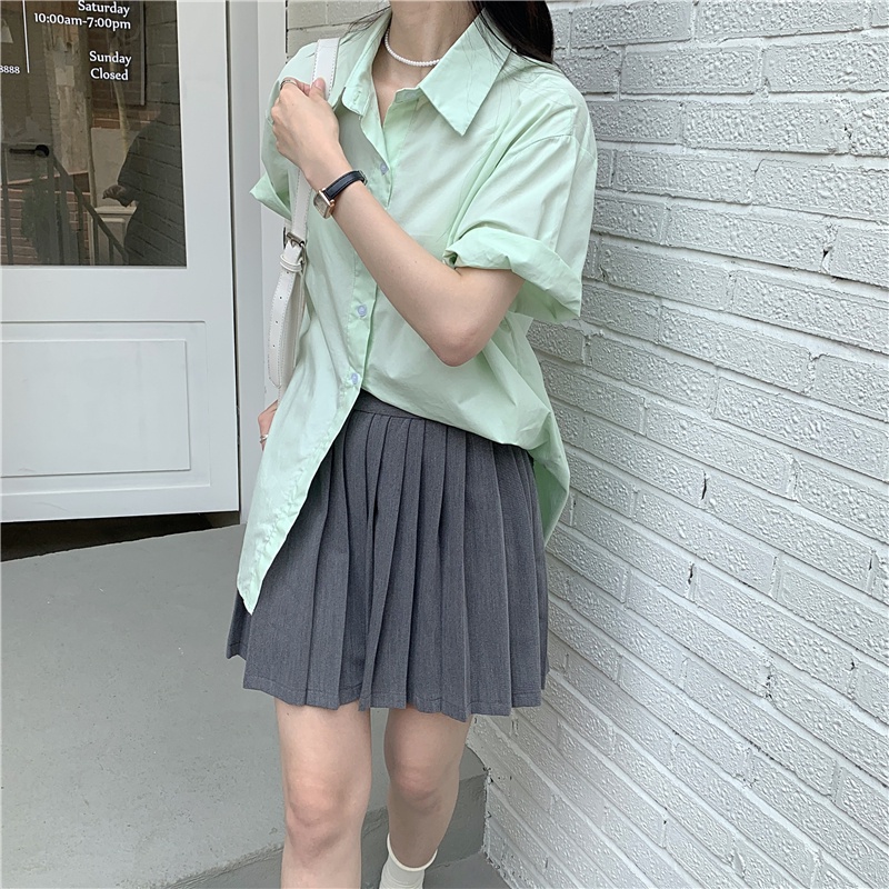 SUXI Áo Sơ Mi Tay Ngắn Dáng Rộng Màu Trơn Phong Cách Retro Hàn Quốc Cho Nữ