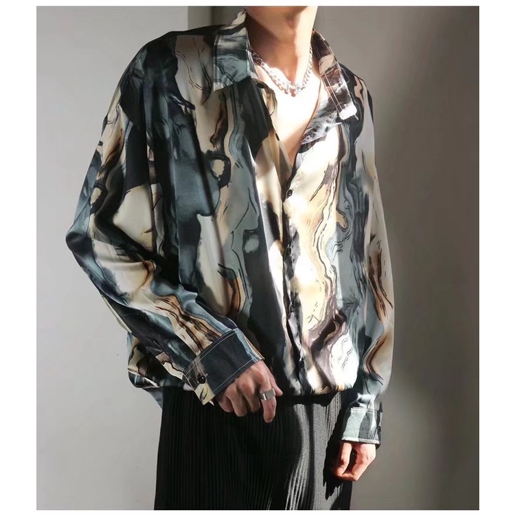 Áo sơ mi tay dài dáng rộng vải lụa satin in họa tiết hoa phong cách Hồng Kông cổ điển thời trang cho nam và nữ