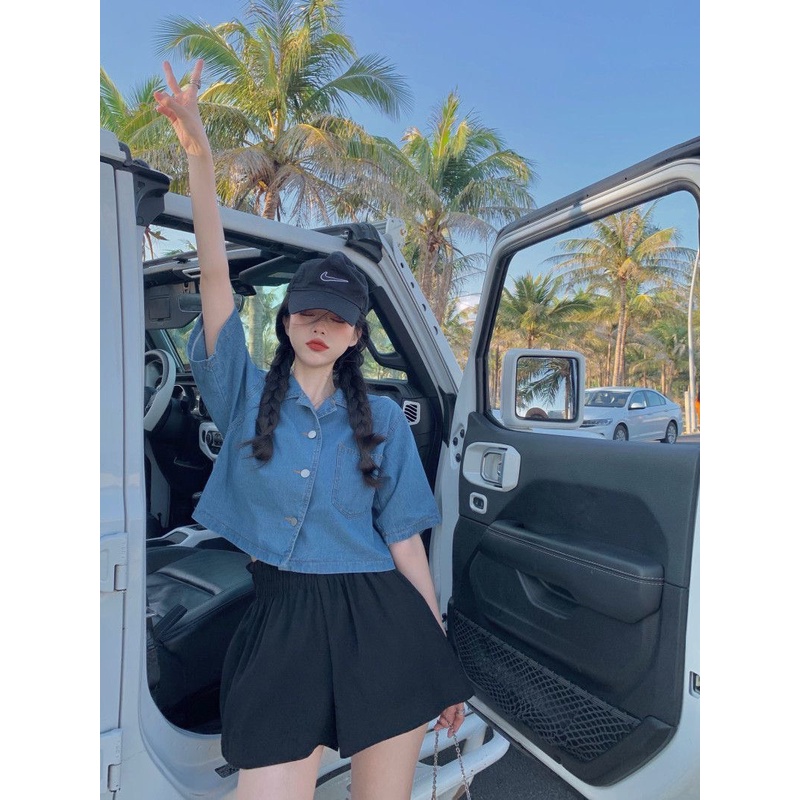 Áo croptop bò nữ túi trước cổ bẻ phong cách thời trang