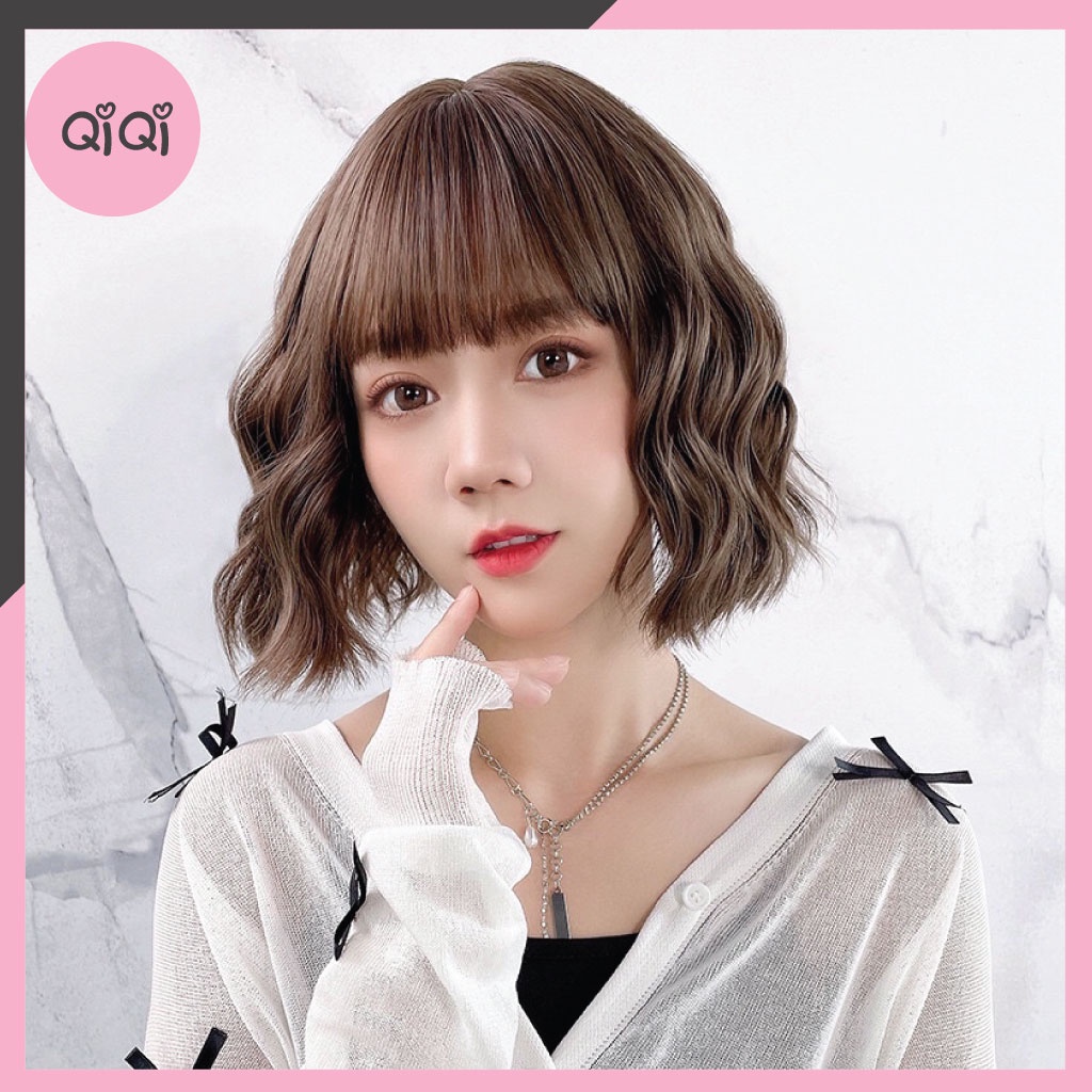 Tóc giả nữ nguyên đầu CAO CẤP nâu lạnh xoăn duỗi ngắn trẻ trung phong cách Hàn Quốc Qiqishop