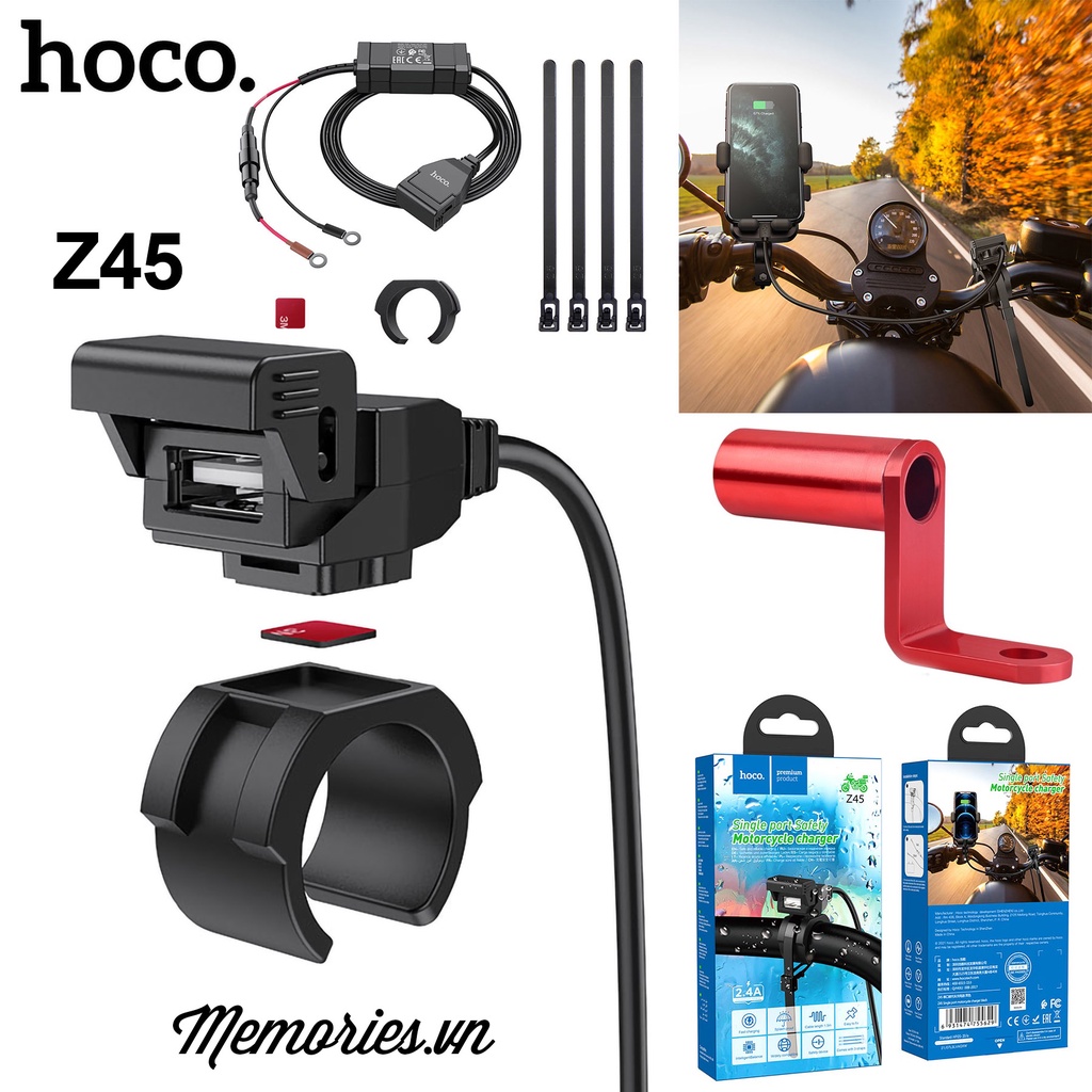Combo giá đỡ kẹp điện thoại Hoco CA14 CA93 CA73 + Tẩu Sạc Z45A 2 USB - Chính hãng cho xe máy, mô tô, ô tô, xe đạp