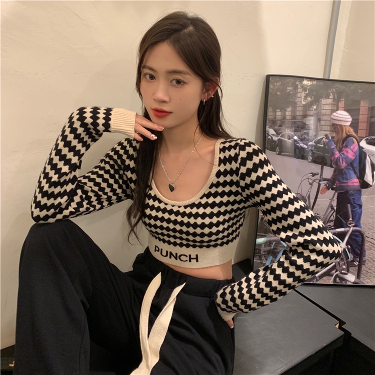 DUNEA Áo Croptop Tay Dài Cổ Thuyền Phong Cách Retro Gợi Cảm Cho Nữ