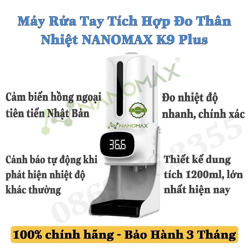 Máy rửa tay sát khuẩn kết hợp đo thân nhiệt tự động K9ProPlush_Nanomax/Hàng có sẵn/