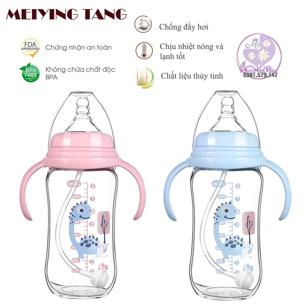 Bình sữa thủy tinh cổ rộng 180ml/240ml có lẻ tay cầm và núm ti siêu mềm, van chống sặc Meiying Tang
