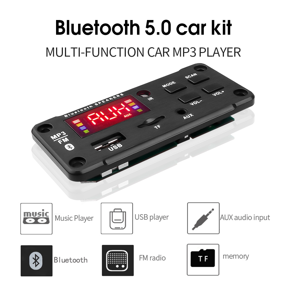 Bảng mạch âm thanh 12V Bluetooth 5.0 USB FM TF AUX không khuếch đại có màn hình lớn