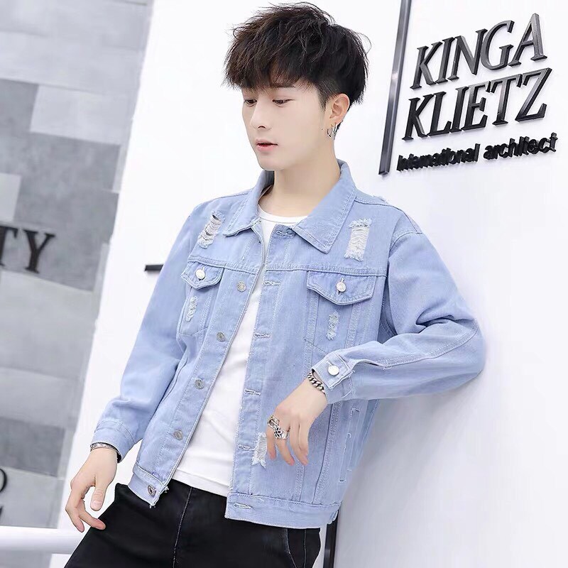 Áo khoác jeans nam cao cấp - áo khoác jean rách phong cách Hàn Quốc có túi chất bò dày dặn
