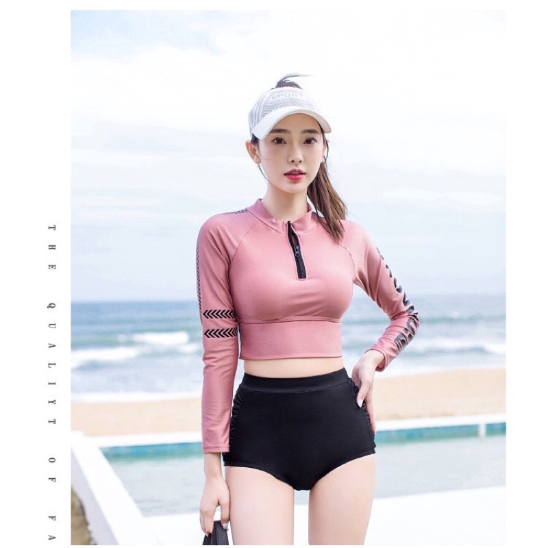 Bộ đồ bơi 2 mảnh áo hồng quần đen mã L98 dành cho bạn gái bạn nữ đi biển mùa hè 2022