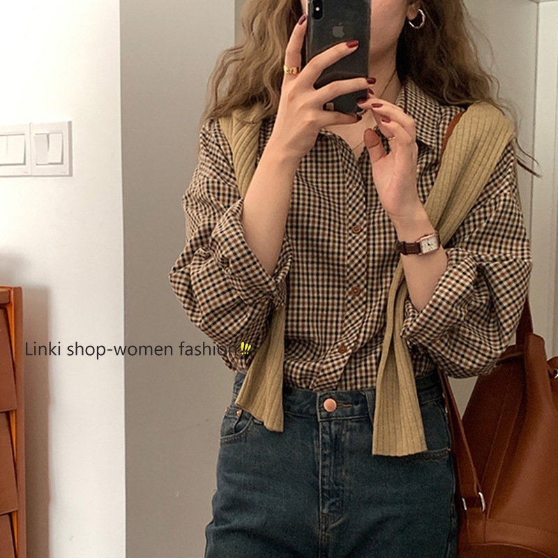 Áo sơ mi caro dáng rộng phong cách Hàn Quốc cho nữ