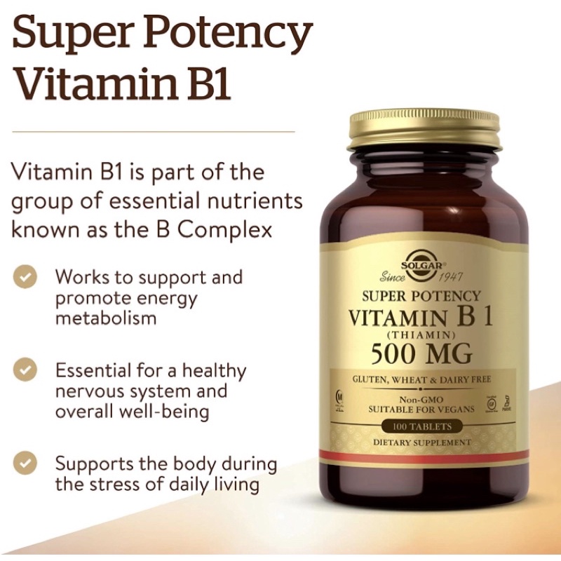 Viên chay Vitamin B1 (Thiamin) 500 mg Solgar 100 viên USA