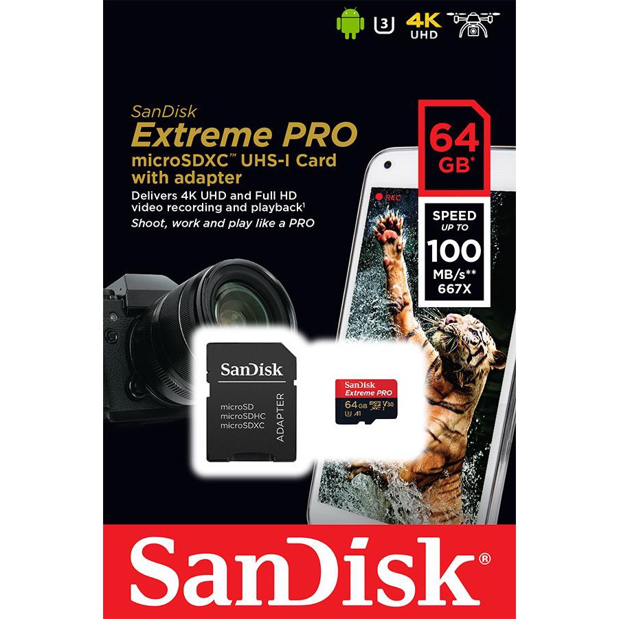 Thẻ nhớ Sandisk Micro SDXC Extreme Pro 64GB (100MB/s) + Adapter + Đầu đọc thẻ Micro