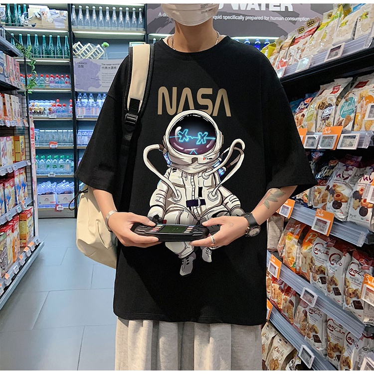 Áo Thun Nam Nữ Unisex Form Rộng Tay Lỡ Cổ Tròn Phối Họa Tiết Hoạt Hình In Chữ NASA mixxmen TOP NAM 178