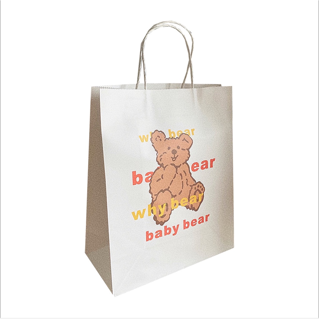 Túi giấy kraft trắng logo hình gấu 27*32*12cm, có quai xách giấy quấn